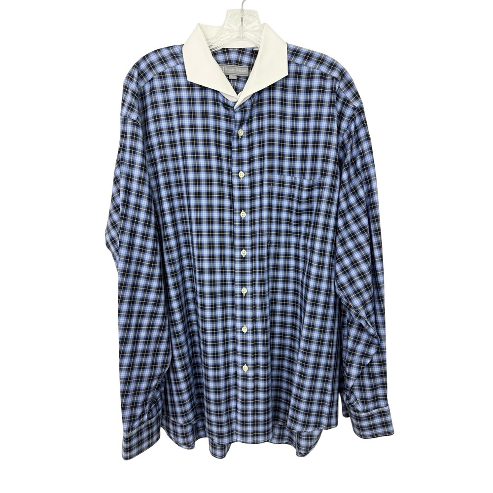 HICKEY FREEMAN Mens Dress Shirt 17.5 L Blue Plaid Check Banker Monogram ATL